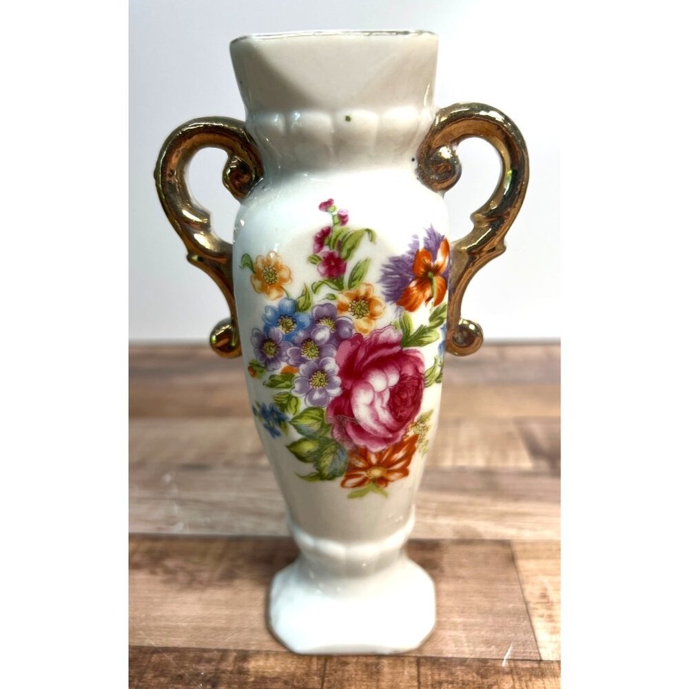 Vintage Floral Ceramic Wall Pocket With Gold Handles Made In Japan Decorative